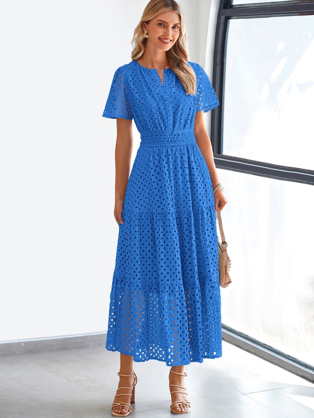 Pretty Garden Blue Eyelet Midi Dress with Smocked Waist